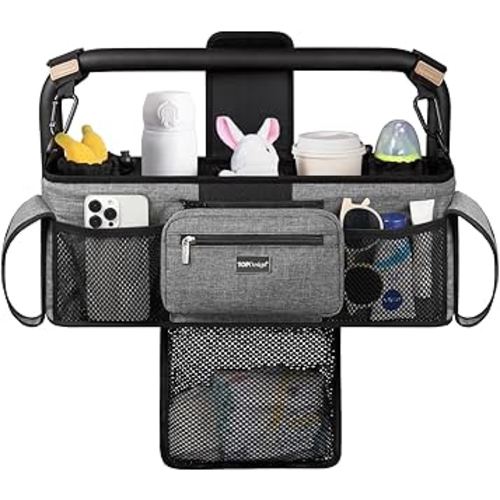 TOPDesign Universal Baby Stroller Organizer, Double Stroller Caddy with Detachable Mesh Bag & Heightened Insulated Cup Holders & Non-Slip Secure Hooks Accessories, Fits Most Strollers (Grey)