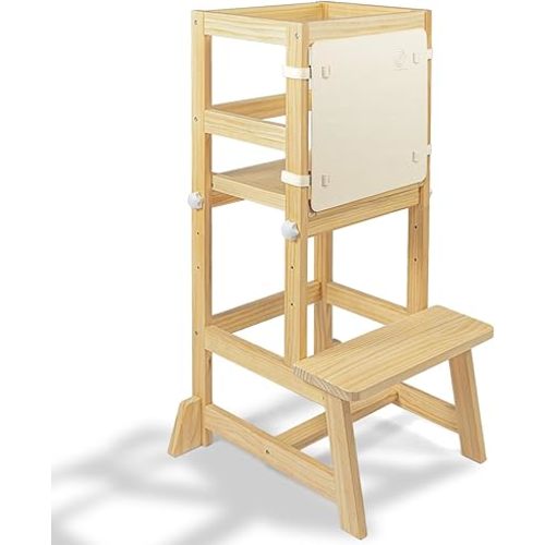 Kitchen Step Stool for Toddlers with Non-Slip Mat, WOOD CITY Wooden Kids Montessori Learning Stool Tower, Toddler Standing Tower Helper for Kitchen Counter and Bathroom Sink (Burlywood-Adjustable)