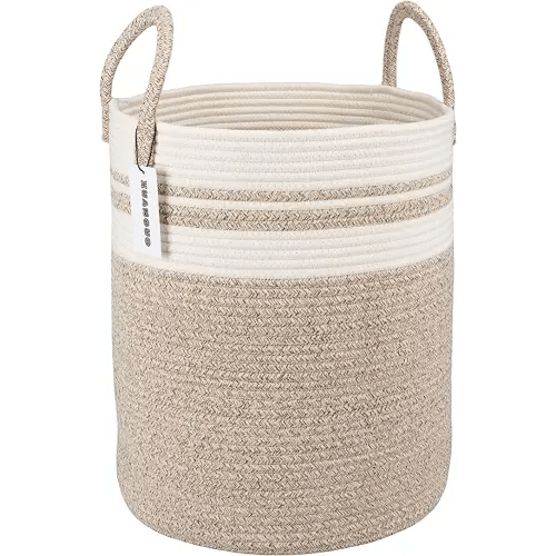 XUANGUO Cotton Rope Laundry Basket Hamper for Clothes Woven Storage Basket for Living Room Bedroom Boho Tall Rope Baskets for Blanket Toys Pillow Towels Baby Nursery Hamper Bin Large brown and white