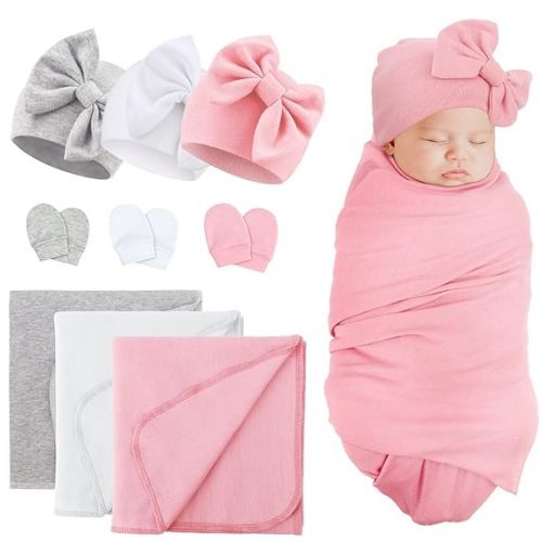 DRESHOW BQUBO Newborn Receiving Blankets Cotton Warm Sleepsack with Mittens & Bow Hats Hospital Baby Swaddling Shower Gift