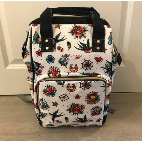 White Retro Tattoo Goth Diaper Backpack Mommy Bag Travel Changing Nappy