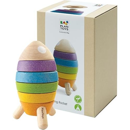 PlanToys® Wooden Stacking Rocket Toy for Toddlers | Montessori Educational STEM Learning Toy | Colorful Wooden Rocket Ship Stacker for Fine Motor Skills, Problem Solving, Preschool Gift