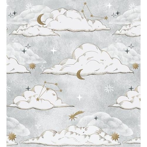 GloryTik Peel and Stick Wallpaper Grey Cloud Contact Paper Nursery Kids Wallpaper Modern Self Adhesive Removable Wall Paper for Bedroom Bathroom Cabinets and Drawers Vinyl Roll 16.14"×78.7"
