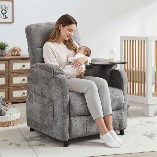 Power Recliner Chair, Nursery Recliner Chair with Swivel Tray Table & Cup Holder, Modern Chenille Fabric Electric Recliner with Side Pocket & Remote for Living Room Small Space, Dark Gray