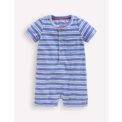 Short Sleeve Towelling Romper-Blue Stripe