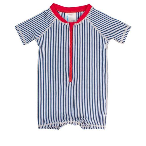 RuggedButts Baby Boys UPF50+ Seersucker Short Sleeve One Piece Rash Guard - Blue, 6-12m