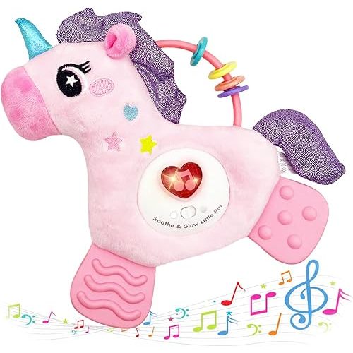Baby Musical Activity Soft Toys with Sound & Light, Sensory Toys for Infant Developmental with Teether, Rattle and Textures, Soft Plush Toy for Newborn Gift 6 to 12 Months (Pink Unicorn)