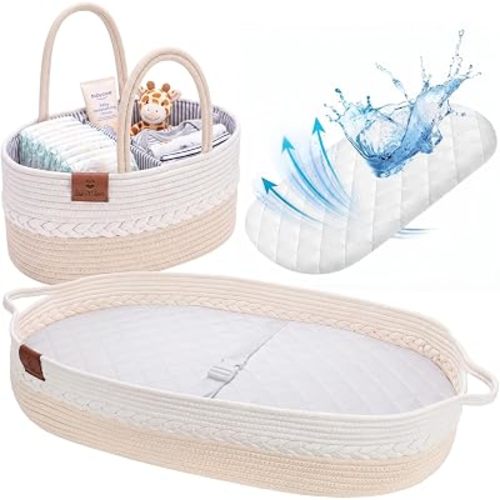 Deluxe Baby Changing Basket for Baby Dresser, Cotton Moses Baskets for Newborn, Babies Change Unisex Moses Changing Bassinet for Dresser, Foam Changing Pad Basket Changing Table Topper, Diaper Caddy