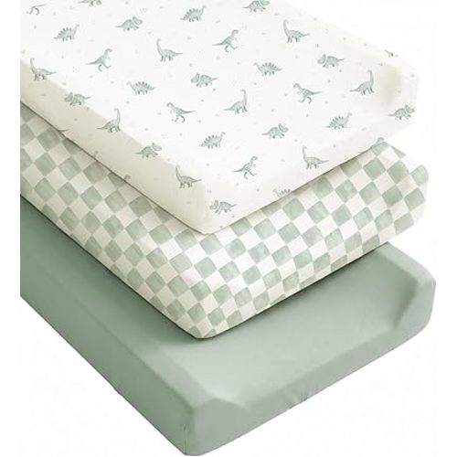 Konssy Silky Soft Changing Pad Cover 3 Pack, Ultra-Stretchy Diaper Changing Table Sheets, Breathable Snug Fit for Standard 32" x 16" Contoured Pads, Boho Neutral Sheets for Boys & Girls (Green Dino)