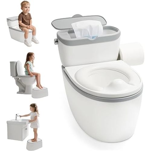 3-in-1 Toddler Potty Training Toilet, for Ages 6 Months+, Realistic Potty Training Seat with Flushing Sound, Wipes Storage, Toilet Paper Holder