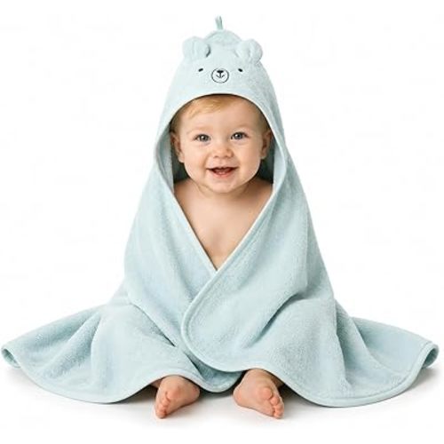 Hooded Baby Towel – 100% Organic Cotton Baby Bath Towels – Baby Boy Newborn Essentials - Super-Soft and Absorbent. (Bear - Baby Blue)