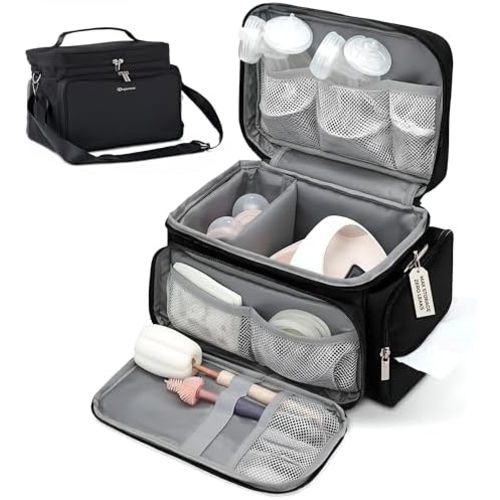 Insulated Pump Bag for Spectra S1 S2, Wearable Breast Pump Bags with Milk Pack, Pumping Bag with Waterproof Mat for Pump Accessories, Bottle Bags for Travel and Family, Black