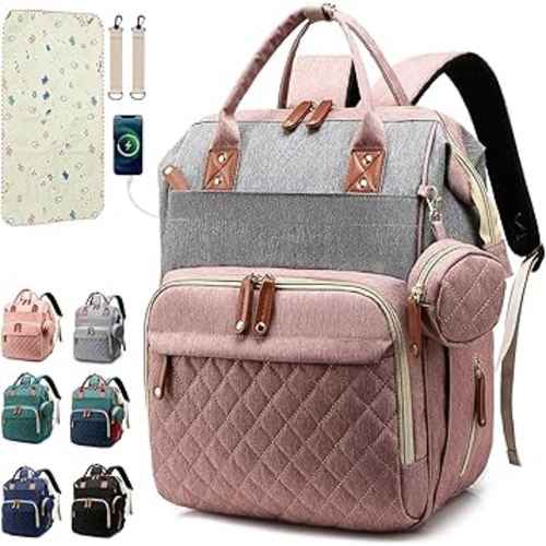 Diaper Bag Backpack Baby Bag, Baby Girl Boy Diaper Bag for Dad Mom with Pad, 16 Pockets, Pacifier Case, Large Diaper Bags Unisex for Travel(Pink Grey)