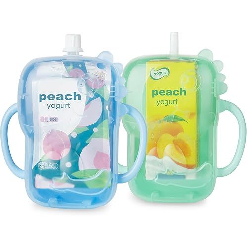 PandaEar 2 Pack Squeeze Proof Food Pouch Holder for Toddlers | Spill-Proof Baby Pouch Holder with Handles | Fits Most Food Pouches & Juice Boxes, Dinosaur Design -Light Blue/Green