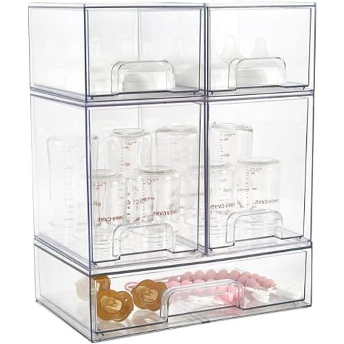 Baby Bottle Organizer Stackable, 5 Pack Clear Space Saving Stackable Drawer with Handle, Baby Organizers and Storage for Bottles, for Kitchen, Cabinet, Vanity, Bathroom, Pantry, Countertop (5PCS)