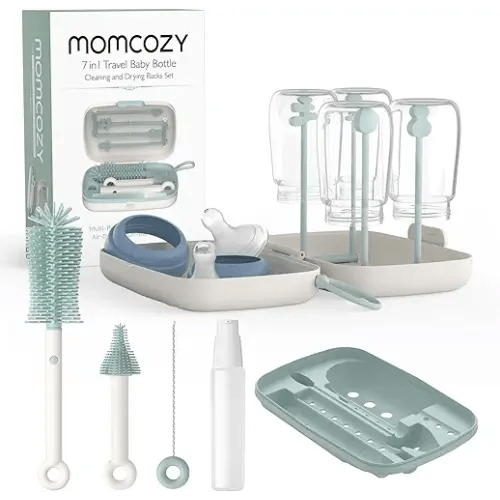 Momcozy Bottle Brush Set - Baby Bottle Cleaner Kit with Silicone Brush, Nipple Brush, Straw Brush, Soap Dispenser, Drying Rack - 7 in 1 Bottle Cleaning Tool for Home and Travel, Green