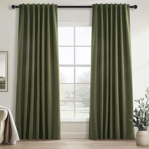 Topfinel Olive Green Linen Blackout Curtains 84 Inch Long for Living Room,Pinch Pleated Drape with Hooks Back Tab Boho Decor, Olive Forest Loden Full Black Out Curtains for Bedroom