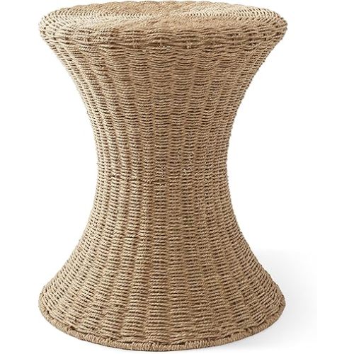Casafield Hourglass Side Table, Natural, Seagrass Hyacinth Round End Table, Boho Woven Wicker Accent for Bedroom, Living Room, Office, Entryway