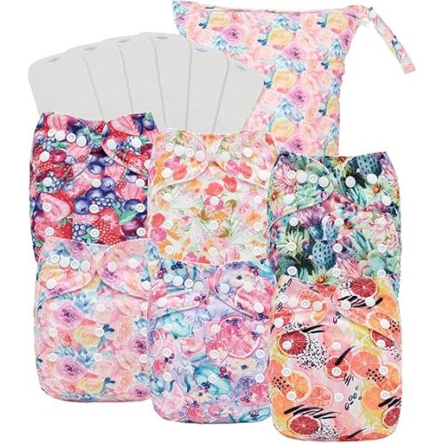 babygoal Reusable Cloth Diapers 6 Pack with 6 Inserts & Wet Bag, Washable Pocket Nappy Starter Kit, Baby Girl Diapers with Rayon from Bamboo Inserts