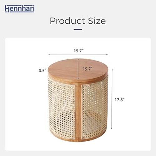 Hollow Woven Rattan Side Table, Round End Table for Living Room, Coffee Table for Small Space, Easy Assembly (Natural)