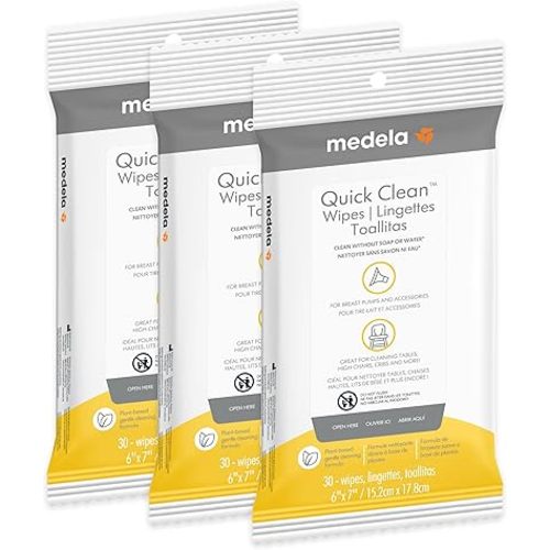 Medela Quick Clean Wipes for On-The-Go Cleaning of Breast Pumps, Accessories, and Various Surfaces, Resealable, Plant-Based, 3 Packs of 30 (90 Count)