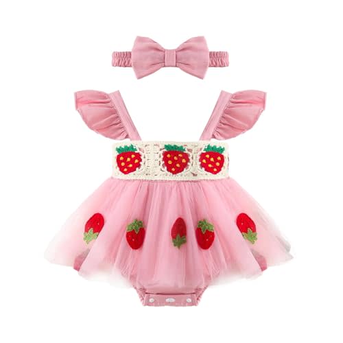 Baby Girls Romper Dress Infant Newborn Tutu Dresses | Summer Clothes, Jumpsuit, Outfit, Ruffle Sleeve, Tulle Skirt, Matching Headband, Snap Closure, Lightweight and Breathable