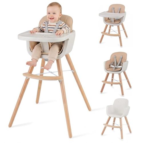 HONEY JOY Baby High Chair, 6-in-1 Eat & Grow Wooden Highchair/Toddler Chair with Removable Tray, 5-Point Harness, PU Cushion and Footrest, Convertible High Chair for Babies and Toddlers(Dark Beige)