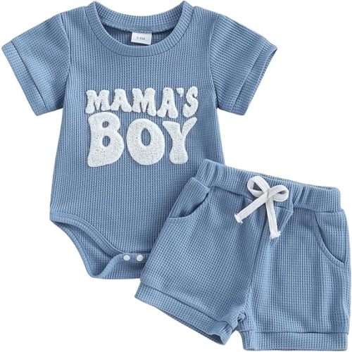 Newborn Baby Boy Summer Outfit Mama's Boy Embroidered Romper Elastic Waist Infant Shorts Set for 0 3 6 9 Month