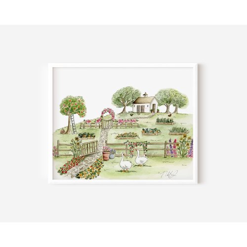 Cottagecore Watercolor Art Print: English Garden Nursery Decor