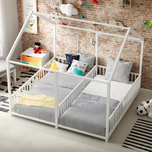 DNYN Twin Size Double Montessori Floor Bed with Roof and Fence Deisgn for Kids Bedroom,Sturdy Steel House Shaped Floor Bedframe,No Box Spring Needed & Space Saving,Perfect for Boys and Girls, White