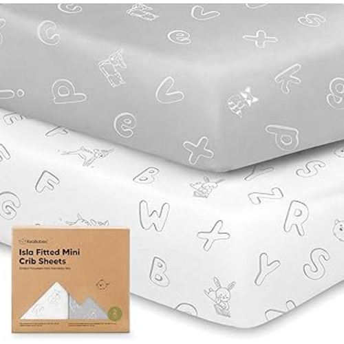 Pack and Play Sheets Fitted - 2-Pack Mini Crib Sheets for Pack N Play Mattress 38x26, Soft & Cozy, Neutral Toddler Playard Bedding, Snug Fitted Mini Baby Crib Mattress Cover Boy, Girl (ABC Land)