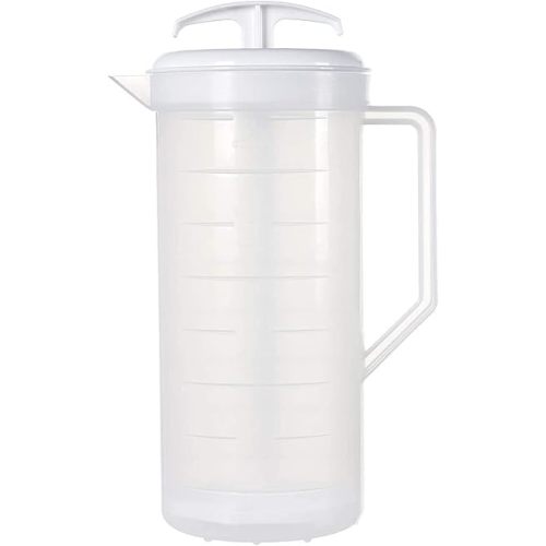 2-Quart White Mixing Pitcher with Plunger – BPA-Free Plastic Mixing Jug for Juice, Milk, Tea, Shakes, and More – Dishwasher-Safe, Spill-Proof Lid, Smart Stirring Design