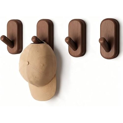 Wooden Wall Hooks for Hanging - 4 Pack Heavy Duty Coat Hooks Wall Mount- Solid Walnut Wood Hat, Bag, Backpack & Towel Hooks - Modern Key Holder for Bathroom & Entryway (Dark Walnut)