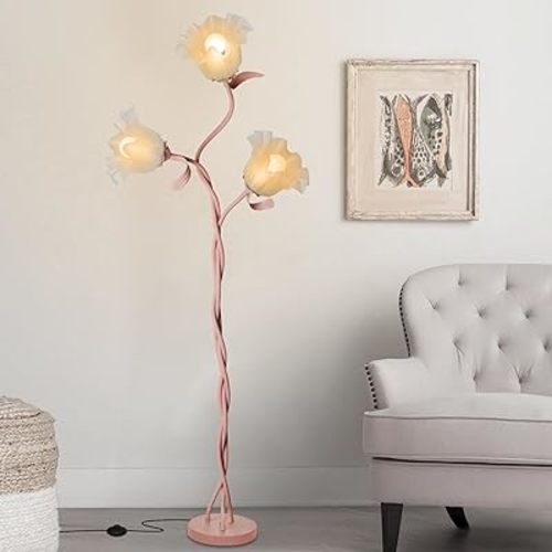 Flower Floor Lamp for Living Room, Tall Standing Reading Lamp with Flexible Neck Shaft for Bedroom Decor, Modern Corner Floor Lamps with 3-Color Temperatures LED Bulb (Pink)
