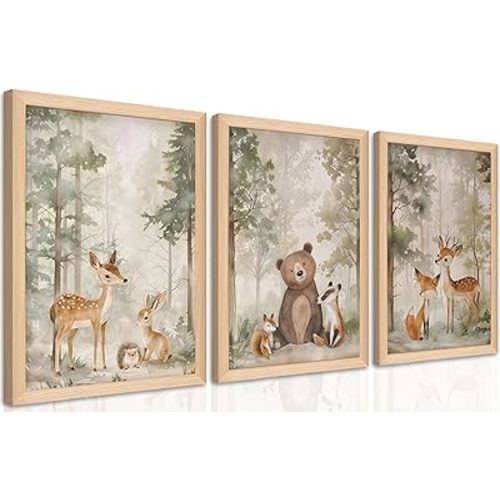 Framed Woodland Wall Art Set of 3, Wild Animals Nursery Wall Decor, Cute Bear Fox Deer Watercolor Canvas, Forest Animal Pictures Print for Baby Room Decor Home Decoration – 12X16 inch