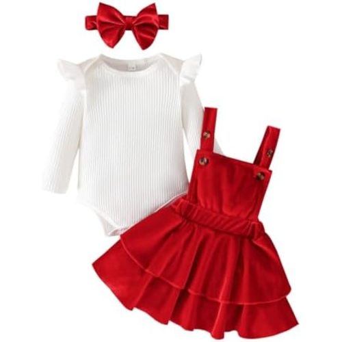 Noubeau Baby Girls Christmas Outfits Long Sleeve Onesie Romper+Velvet Suspender Skirt Set+Headband 3Pcs Fall Winter Clothes