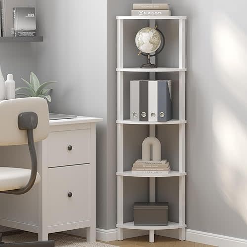 Corner Shelf, 5-Tier Corner Bookshelf, Industrial Corner Ladder Shelf, Modern Display Shelf for Living Room, Bedroom, Kitchen, Home Office, White UJSJ001W