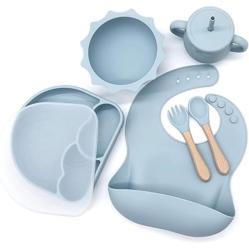KCMI’s Baby-Led Weaning Supplies: Silicone Feeding Set with Bibs, Suction Bowl, Divided Plate, Cup, and Self-Feeding Spoons for Babies and Toddlers - Blue