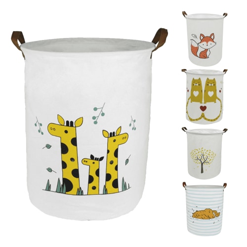 Howarmer Collapsible Laundry Hamper, Waterproof Linen Storage Basket, Giraffe Design, Leather Handles, 19.7x15.7 in