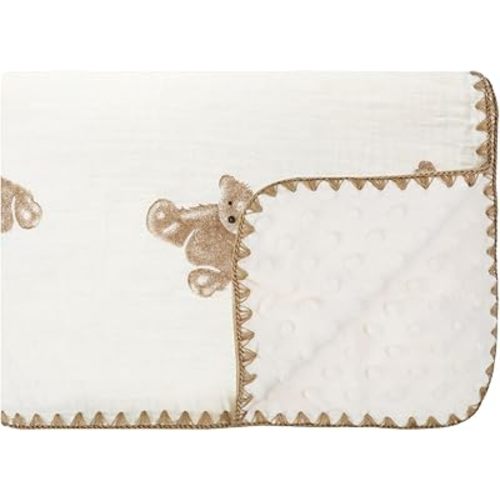 Baby Soft Double Muslin Thick Blanket Dotted Backing Cotton 40X55in Minky Blanket for Crib, Stroller, Travel, Decorative Shower Gifts Baby Essentials Girl&Boy (Teddy Bear)