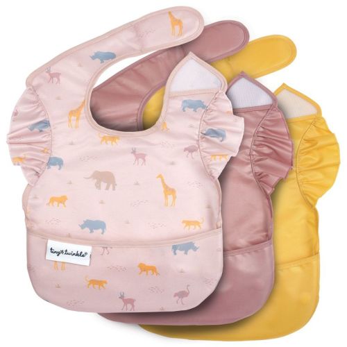 Tiny Twinkle Mess-Proof and Waterproof Baby Food Bib for Boys or Girls, Machine Washable and BPA-Free w/Adjustable Closure (3-Pack, Petite Safari)