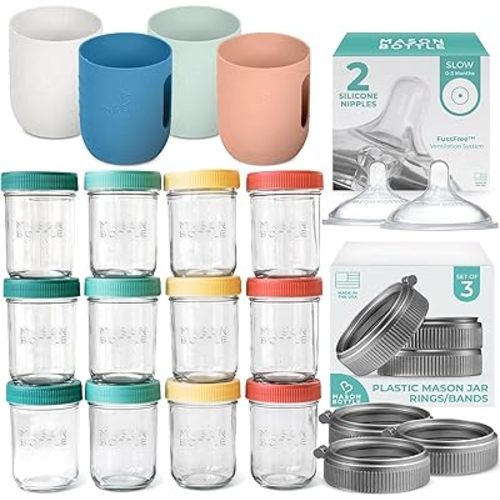 Newborn Essentials Bundle | Complete Baby Glass Bottle & Breastmilk Storage Kit | 8oz Mason Jars + Slow Flow Nipples for 0-3 Months + Plastic Mason Jar Rings + Silicone Sleeves
