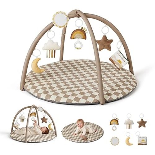 Blissful Diary Baby Play Gym Mat, Play Mat Activity Mat with 6 Detachable Toys for Stage-Based Sensory & Motor Skill Development, Easy to Install & Clean, Baby Essentials Gift, Brown Checkerboard