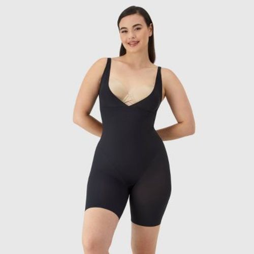 Maidenform Women's Shapewear Open Bust Wear Your Own Bra Mid Thigh Bodysuit 874 - Black L: Tummy, Hip & Thigh Slimming, Ultra Firm Compression
