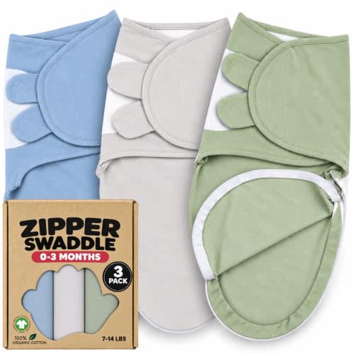 Organic Swaddles for Newborns – Zipper Swaddles 0-3 Months, 3-Pack – Infant Sleep Sack with Zipper – Adjustable & Breathable Swaddle Blanket Wrap for Newborn Girls (Light Green, Blue)