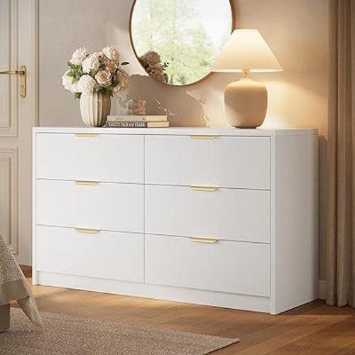 53" Wide 6 Drawer Dresser for Bedroom, Modern Simple Wood Dresser Chest of Drawers Closet Store Organizer for Living Room, Hallway, White