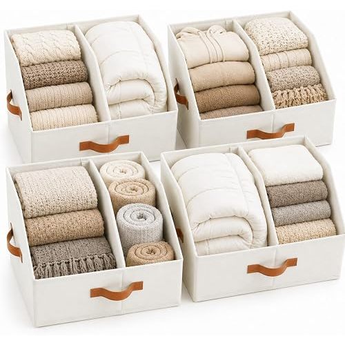 Closet Organizers And Storage - EXTRA LOAD & HEIGHT FOR DEEP Trapezoid Storage Bin W/ Handles & Adjustable Dividers, Collapsible Storage Bins For Clothes Storage & Shelf Organizer (4pcs, Large, Ivory)