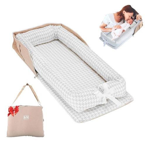 Baby Lounger for Newborn Portable Bag,Baby Nest Play Gym mat with Strap,Newborn Lounger Adjustable Size & Inner Zipper Lengthen Space to 24 Months(Gray Thousand Bird Check)
