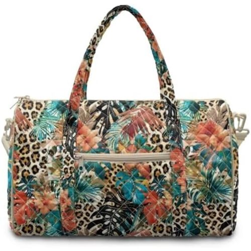 Large Quilted Weekender Duffle Bag for Women Tropical Leopard Print Puffy Travel Tote Lightweight Carry-On Overnight Gym Bag with Adjustable Strap Luggage Bags