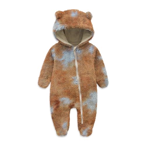 Jimonda Baby Tie Dye Snowsuit Winter Fleece Jumpsuit 0-18 Months, 100% Polyester Hooded Romper with Bear Ears for Infant